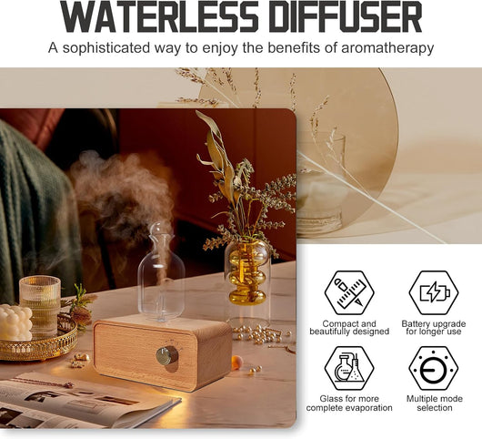VitraMist™ Cordless Nebulizing Diffuser – Handcrafted Glass & Wood Aromatherapy with Soft Ambient Glow